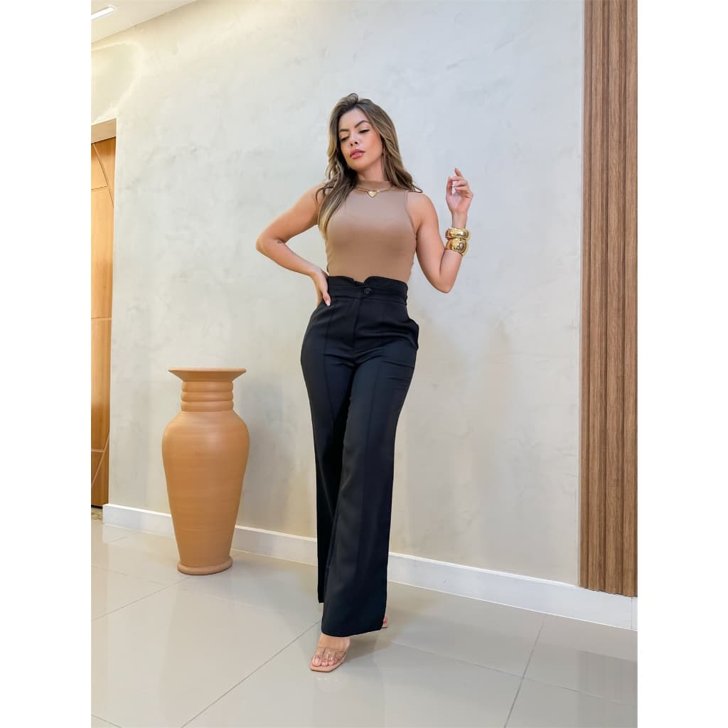 Calça pantalona social elegante moda feminina moderno com botão com bolso na frente/DD023