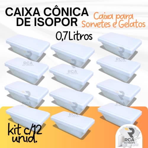 kit com 12 Caixas de Isopor EPS Cônica 0,7 litros para sorvetes e gelatos com refil protetor.