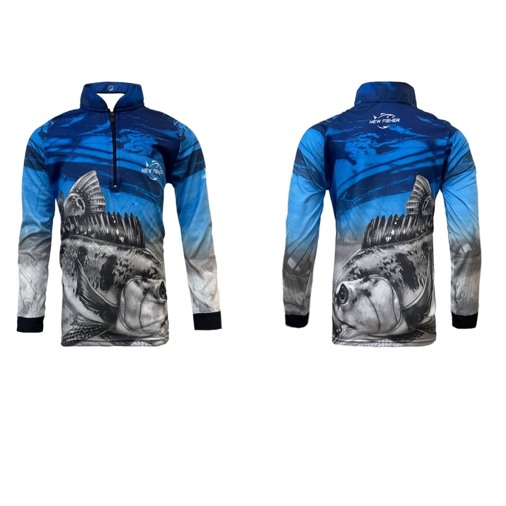 Camisa Camiseta de Pesca Infantil Tucunaré Azul Gola Zíper Proteção Solar UV New Fisher NF29I