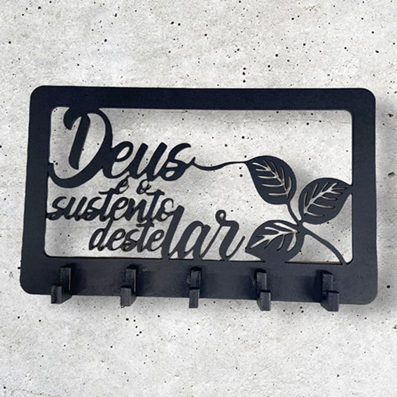 Porta Chaves Vazado Deus é o Sustento Deste Lar em MDF Preto Fosco Religioso
