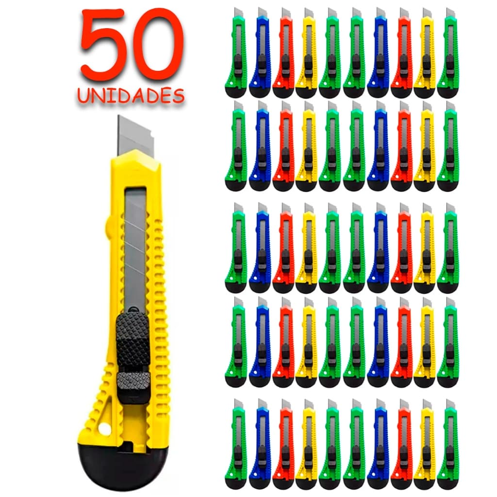 Kit com 50 Estiletes coloridos Grandes Atacado com 50 peças Estilete plástico corte lamina em aço