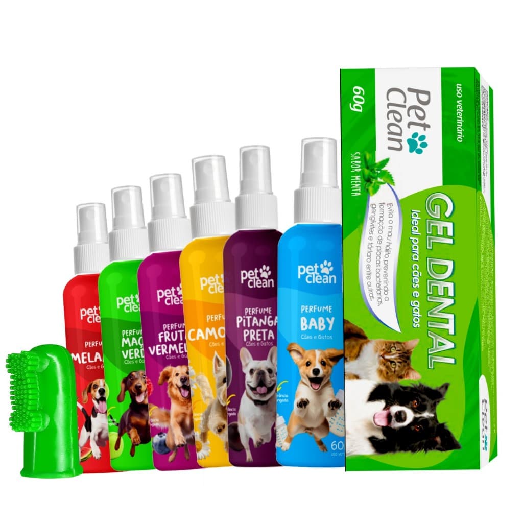 Kit Higiene Bucal Gel + Escova de Dente Pet + Perfume Para cachorro e gato pet clean