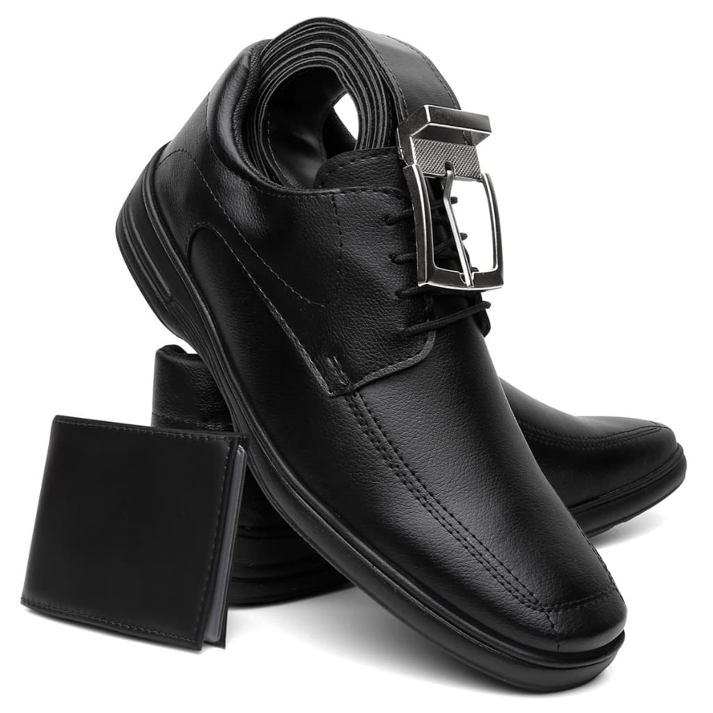 Kit Sapato Social Masculino Preto Com Carteira e Cinto Elegante Dia Dos Pais
