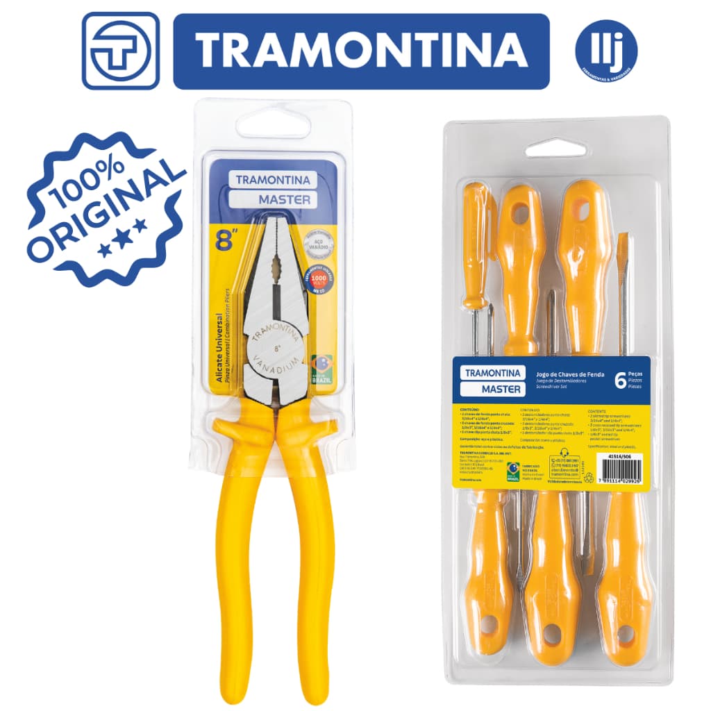 Kit Ferramenta Eletricista Básico - Jogo Ferramenta  Tramontina 3 Chave Fenda 3 Philips 1 Alicate Universal 8" 1000V