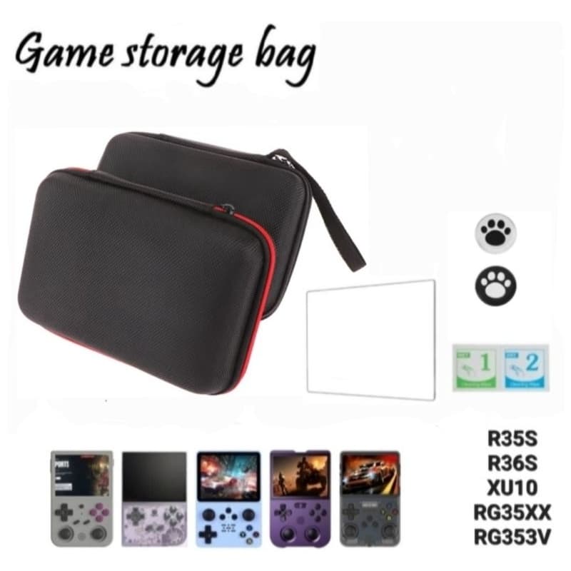 Capa Bolsa Premium Preto/vermelho, Película de vidro HD e Par Grips, para consoles R35S, R36S, XU10, RG35XX e RG353V