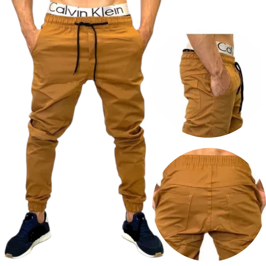 Calça masculina em sarja e jeans lisa e rasgada