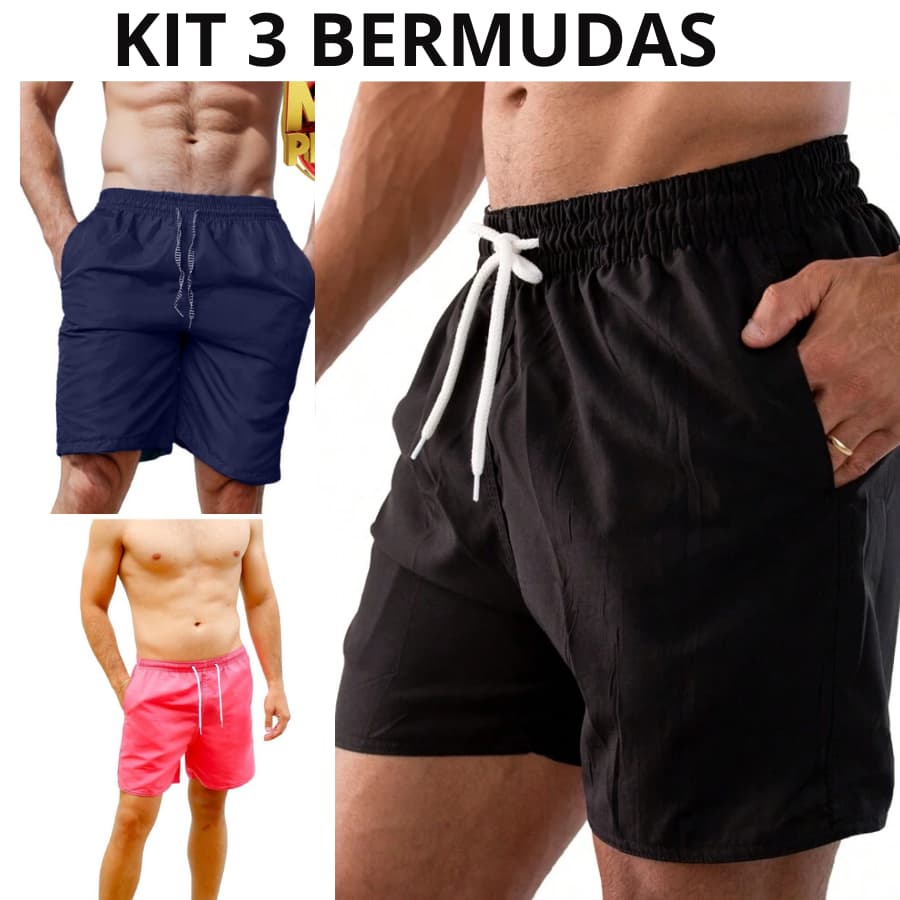 Kit 3 Bermudas Masculinas Reforçadas Tactel Com 3 Bolso Caminhada Academia Piscina Praia