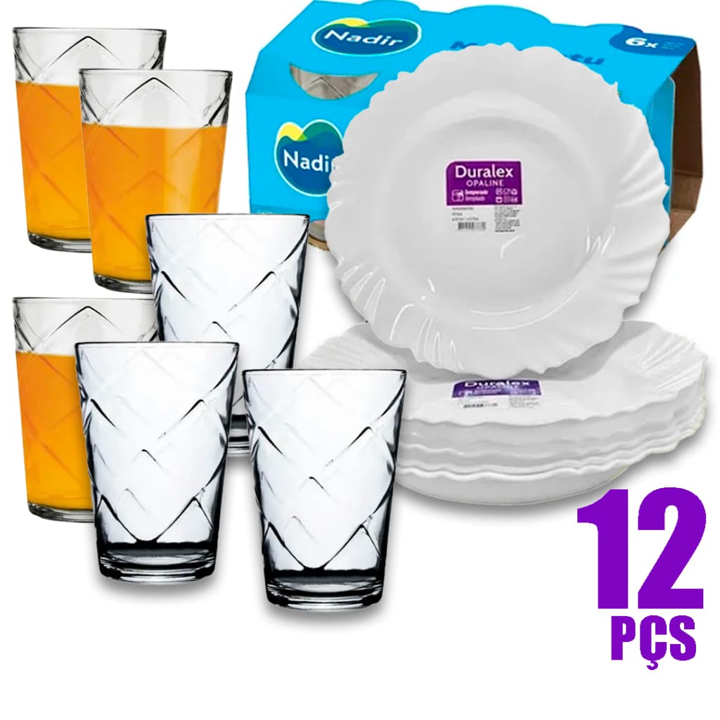 Jogo 12 peças 6 Pratos pétala Vidro Opaline 6 copos Maracatu 280ml  Branco de Jantar e Almoço