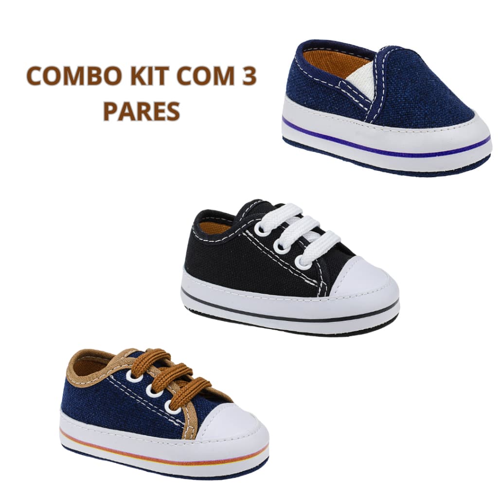 Sapatinho de bebê menino kit com 03 pares de tênis macio confortável