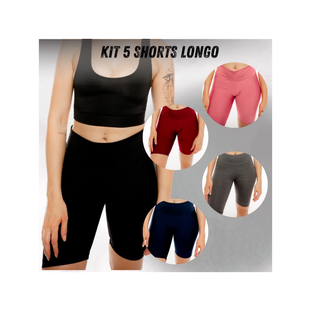 Kit 5 Short Longo Legging Suplex Liso Academia Crossfit Corrida Cós Alto