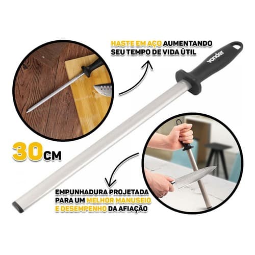 Afiador facas faca Amolador Estriada com haste reta Chaira 30cm grão 600 aço oval VONDER