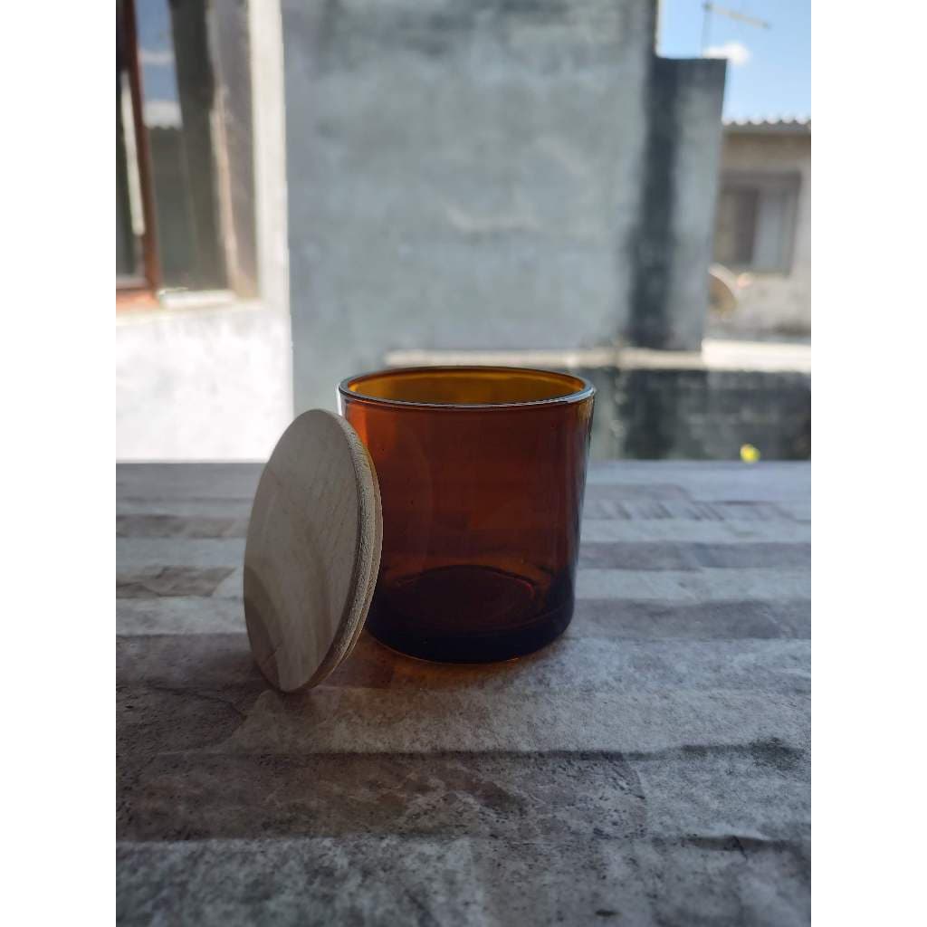 Porta Vela de Vidro Âmbar 265ml Com Tampa de Madeira  - 1 - 2 ou 4 unidades