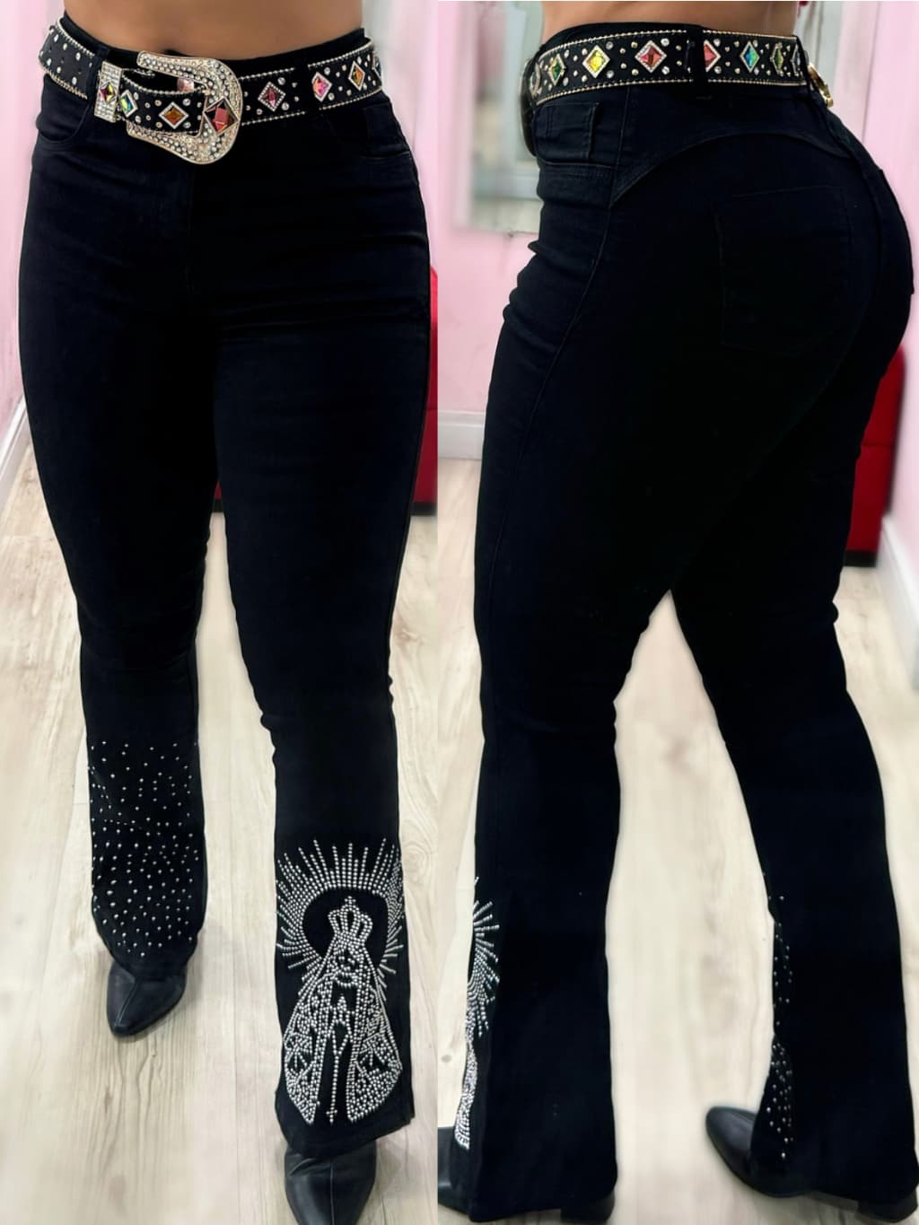 Calça Flare Jeans Preta Feminina Nossa Senhora Aparecida Padroeira Country Rodeio com Pedrarias