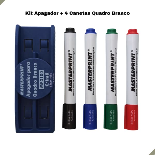 kit Pincel Quadro Branco 4 Cores Recarregáveis  + Apagador Quadro Branco Masterprint