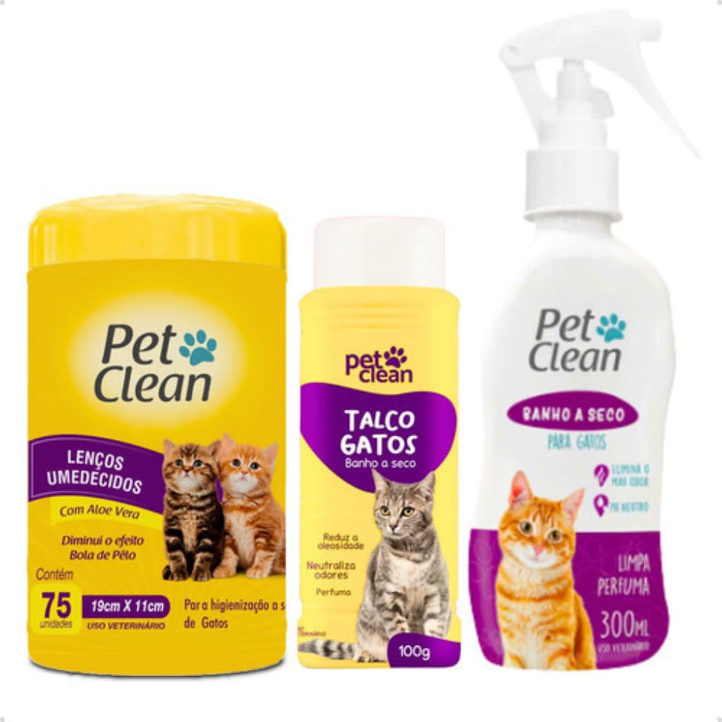 Banho A Seco Gato Pet Clean  + Lenço Umedecido + Talco Para Gatos - Envio Imediato