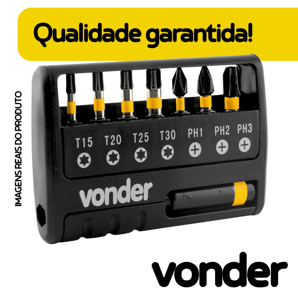 Jogo de Bits Ponteiras 9 pçs Sextavado Profissional Tintânio Parafusadeira ph2, ph3, ph1  - Vonder