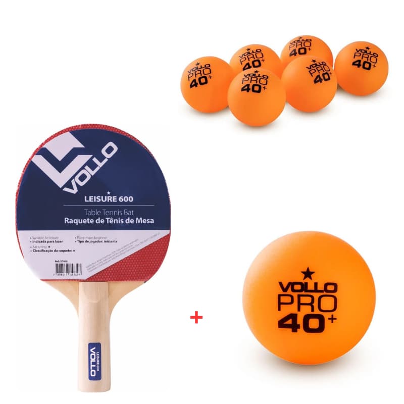 Kit Raquete de Tênis de Mesa Leisure 600 + Bola Ping-Pong Laranja 1 Estrela 6 Un. Vollo