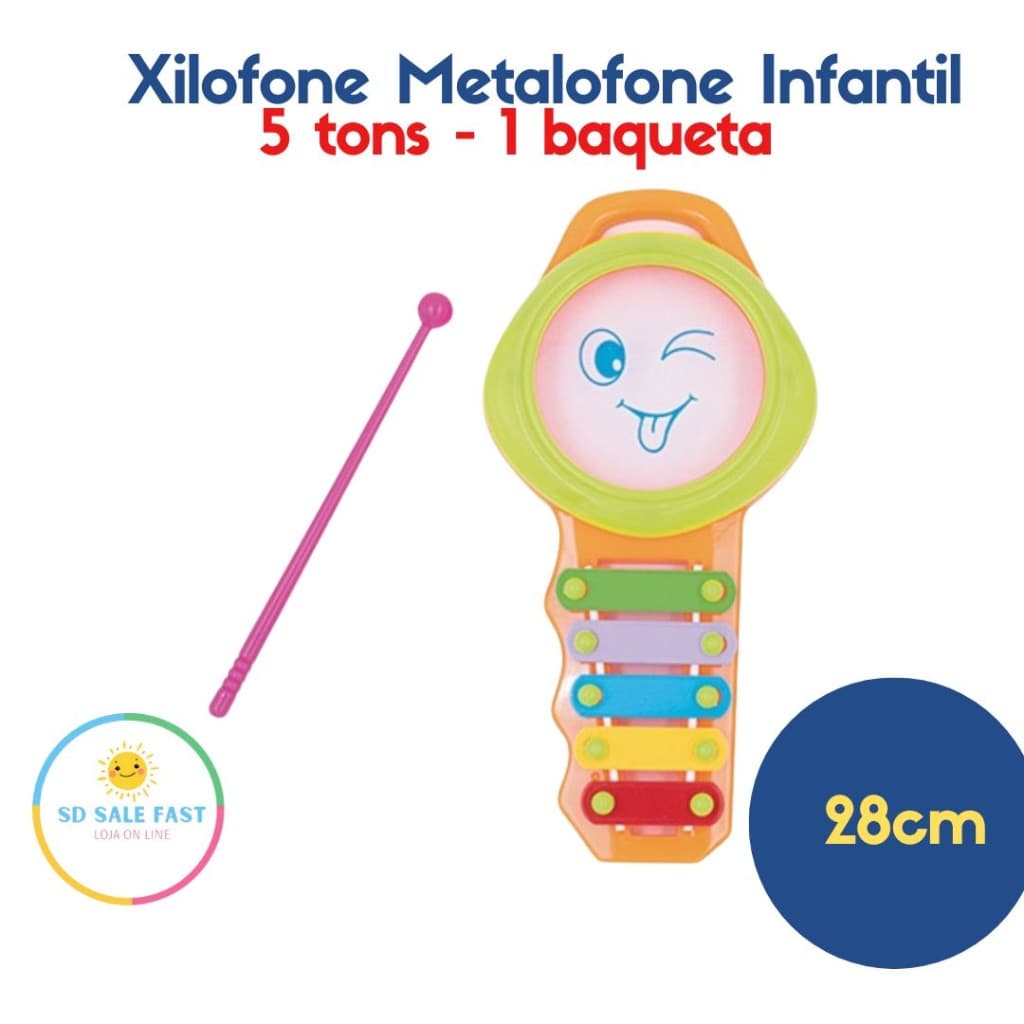 Xilofone Metalofone Instrumento Musical Educativo 5 tons 1 Baqueta Infantil Criança
