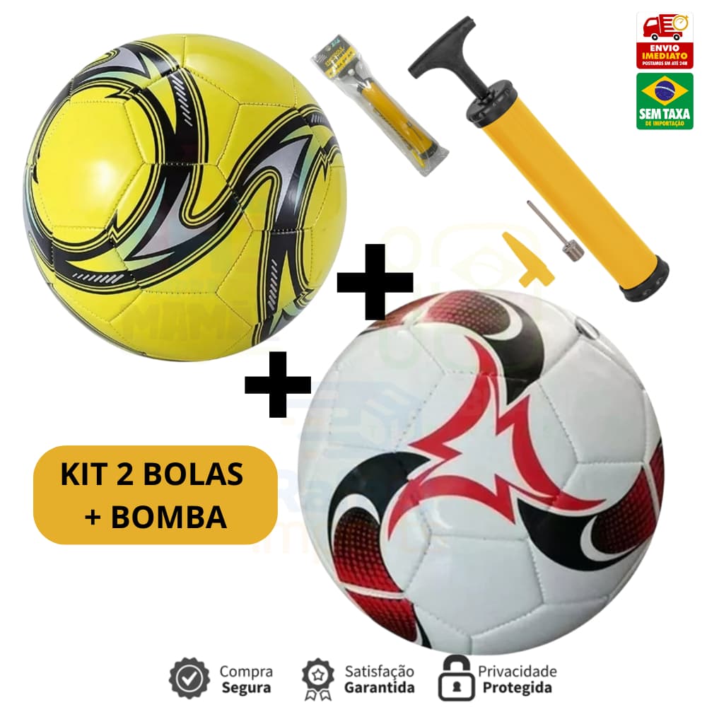 Kit 2 Bola de Futebol + 1 Bomba de Ar Manual Portátil Para Encher Bola Tamanho Oficial Couro Sintético