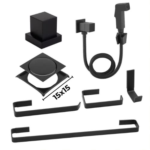 Kit Acessórios Banheiro Luxo Preto + Ralo Click 15x15cm + Porta Ralo + Ducha + Acabamento Registro