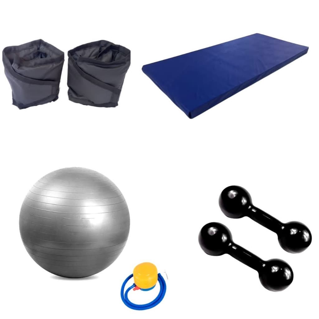 Caneleiras Profissionais 3kg + Halteres Redondos 3kg + Colchonete Impermeável Azul + Bola de Pilates