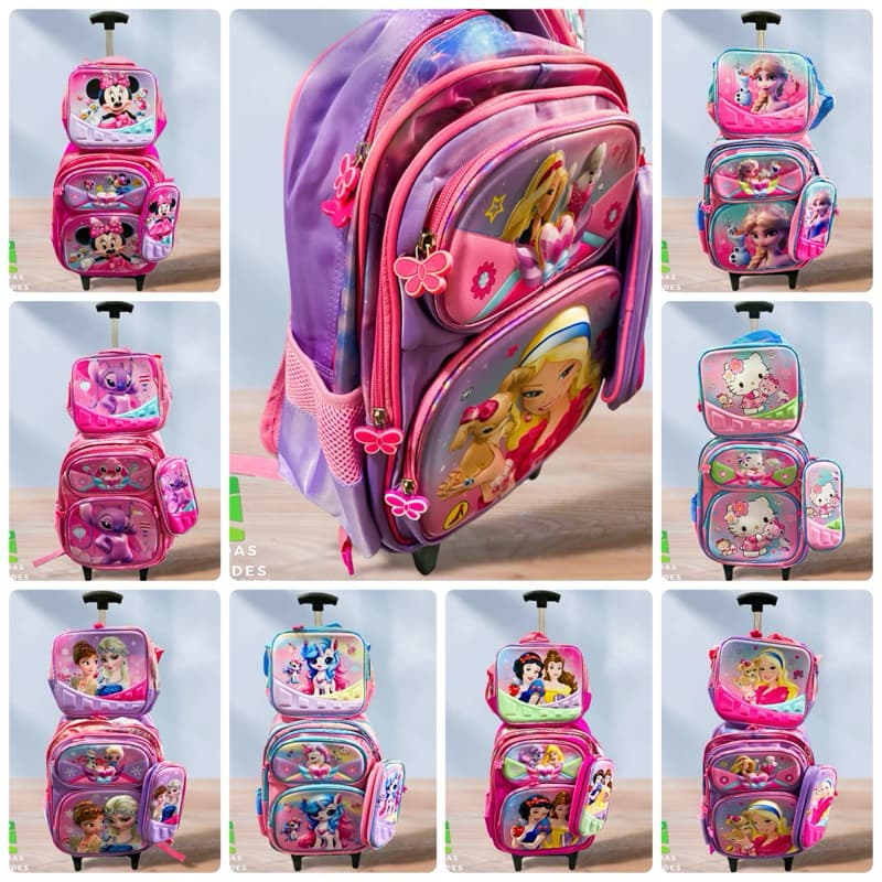 mochila escolar kit com lancheila estojo  4 repartições,mochila com rodinha MENINAS ref F305