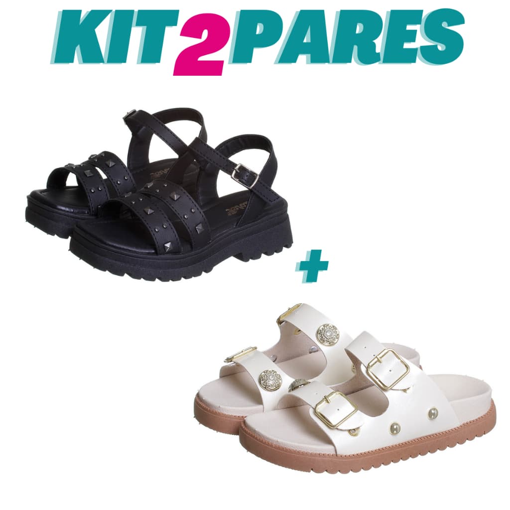 Kit 2 Pares Sandália Menina Infantil Off e Sandália Tratorada Preta Kidstep