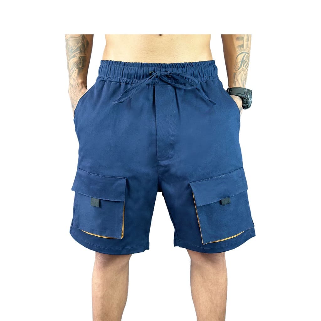 Shorts  Bermuda  Msculina   Estilo Cargo Sarja Streetwear com Elástico e Cordão Cintura  Novo estilo 4 Bolsos