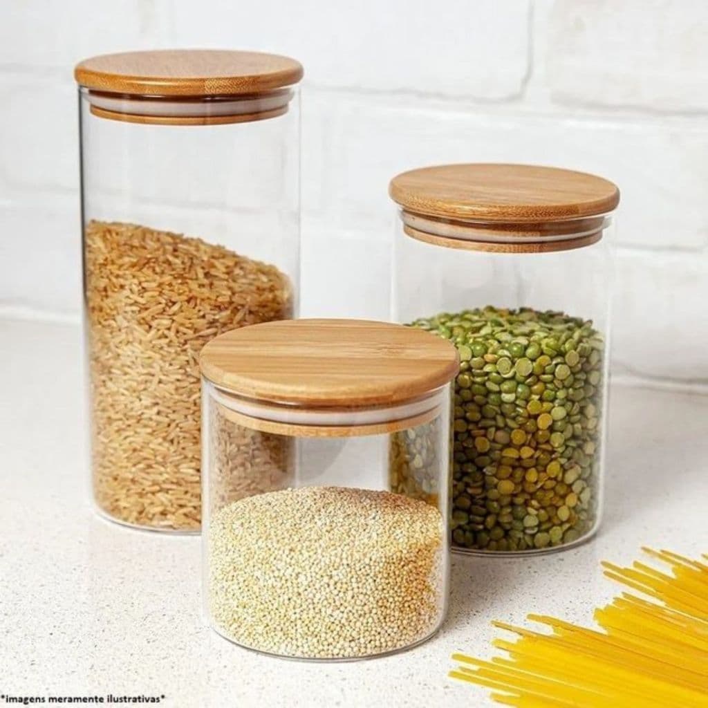 POTE DE VIDRO COM TAMPA DE BAMBU HERMETICA P/ ALIMENTOS