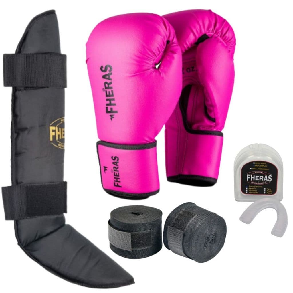 Kit Boxe Muay Thai MMA Luva Profissional Rosa+ Bandagem Rosa  + Bucal e Caneleira Fheras