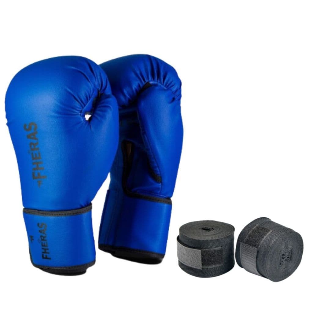 Luva Muay Thai E Boxe Fheras Azul Com Bandagem tradicional