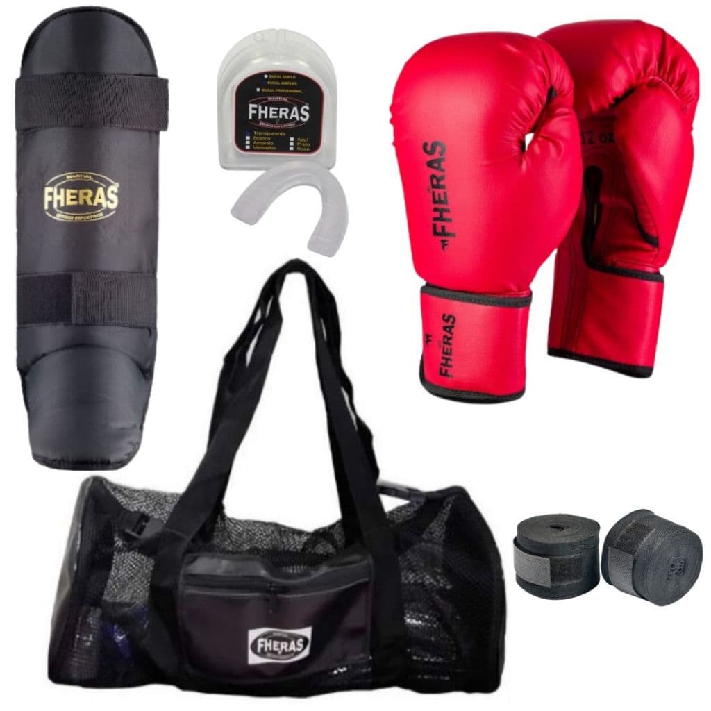 Kit Boxe Muay Thai MMA com Mochila + Luva Tradicional+ Bandagem + Bucal e Caneleira Fheras