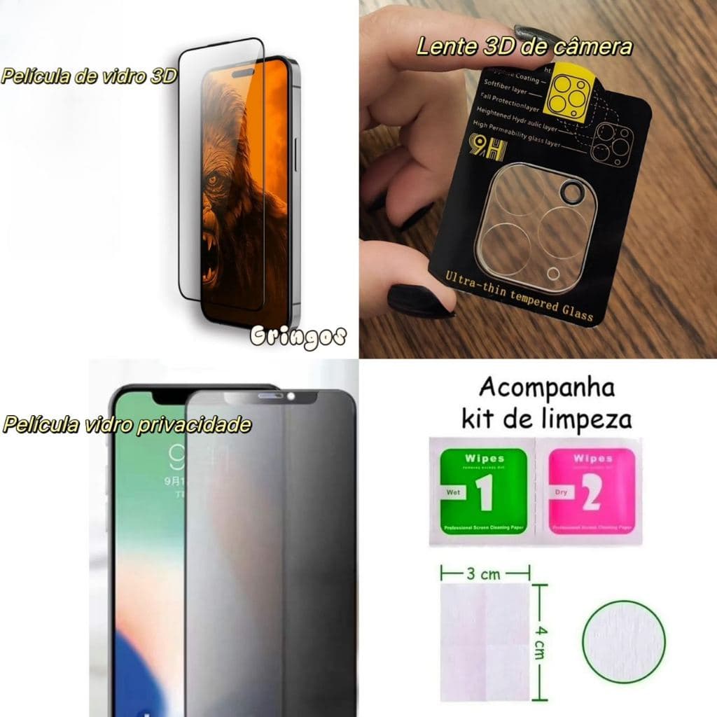 Kit DE PELÍCULA DE VIDRO 3D + PELÍCULA PRIVACIDADE IPHONE 11/12/13/14/15/16/pro/promax