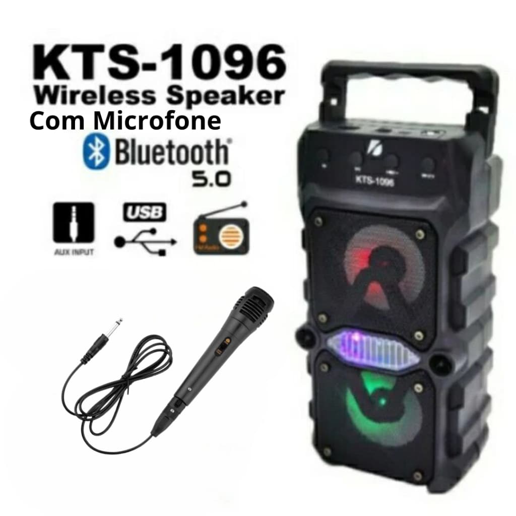 Caixa de som bluetooth karaoke com microfone gts kts 1096 2 alto-falantes potente