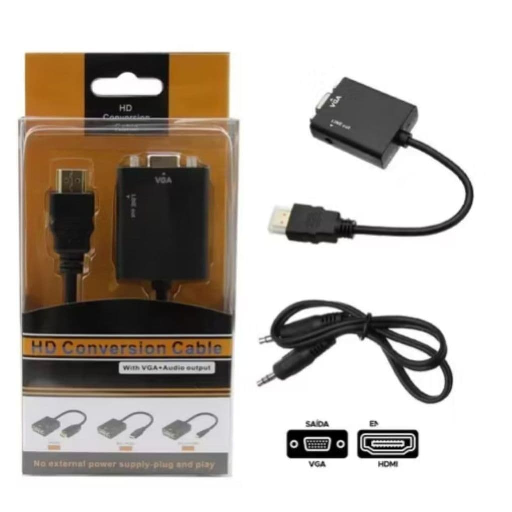 Cabo Adaptador Conversor Hdmi Vga P2 Auxiliar Áudio