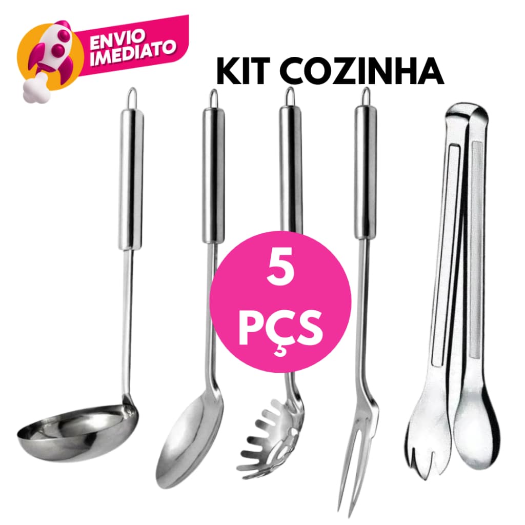 Kit 05 Pç Utensilios Cozinha Inox Concha Colher Arroz Pegador Massa Garfo Trinchante Pegador Salada