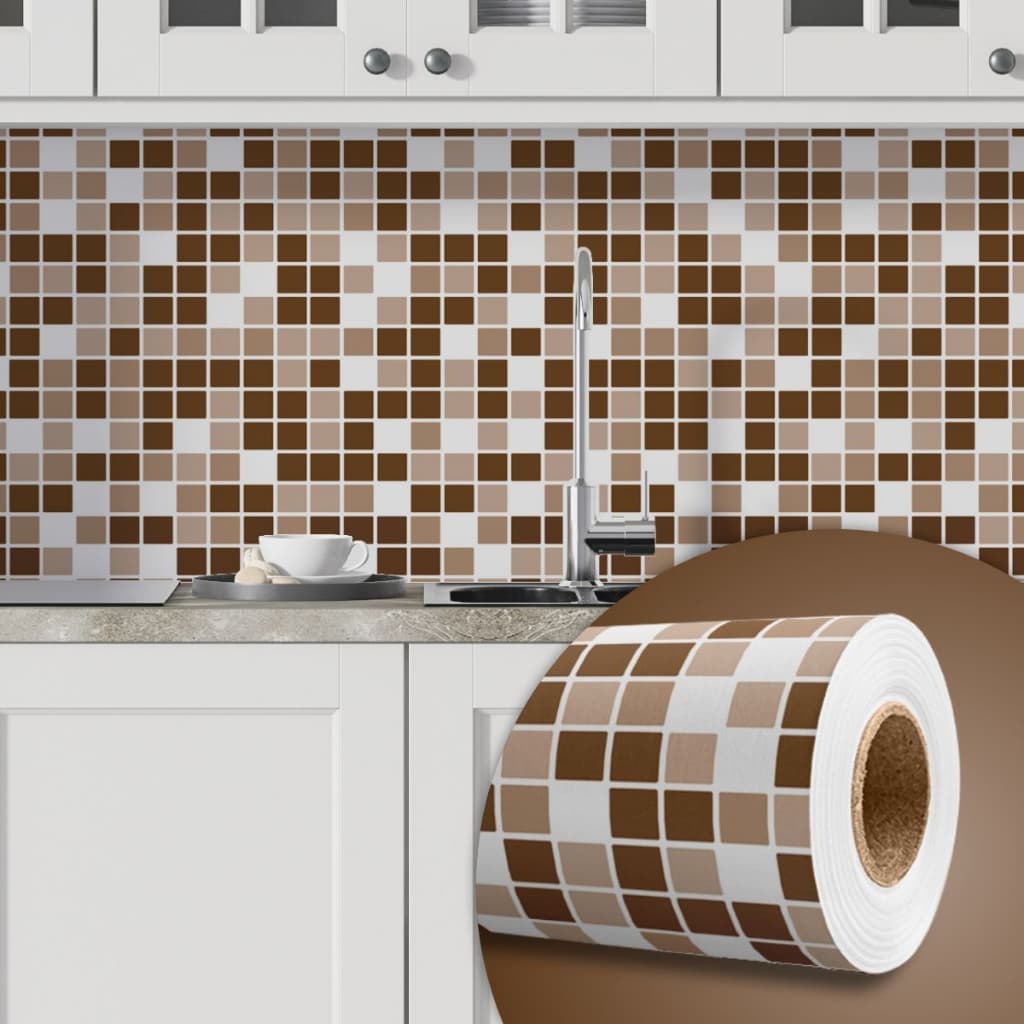 Papel De Parede Auto Adesivo Pastilhas Marrom Bege e Branca Cozinha Banheiro Lavável 3m