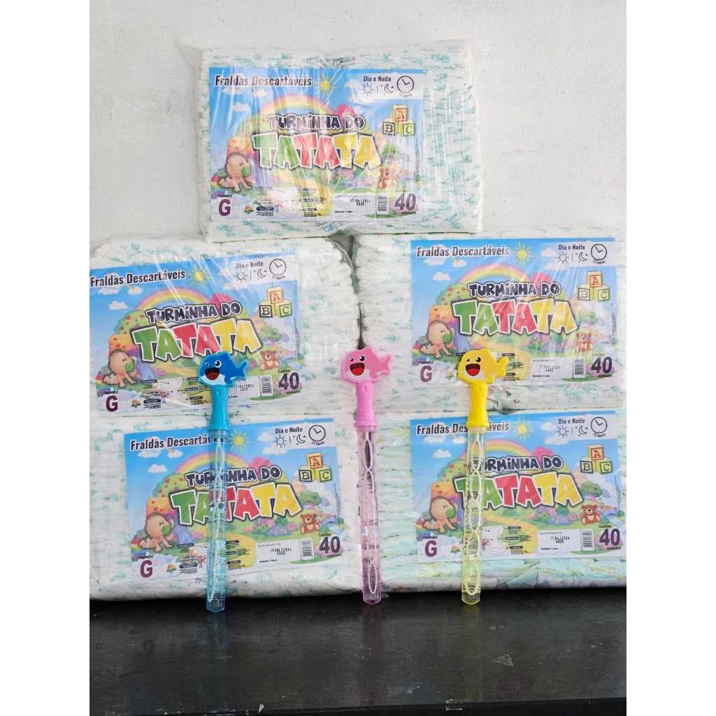 5 Pacotões Fraldas Infantil Turminha do Tatata(Qualquer Tamanho)P-200un-M200un -G-200un-GG-190u-SXG-180u+Bolhas de Sabão