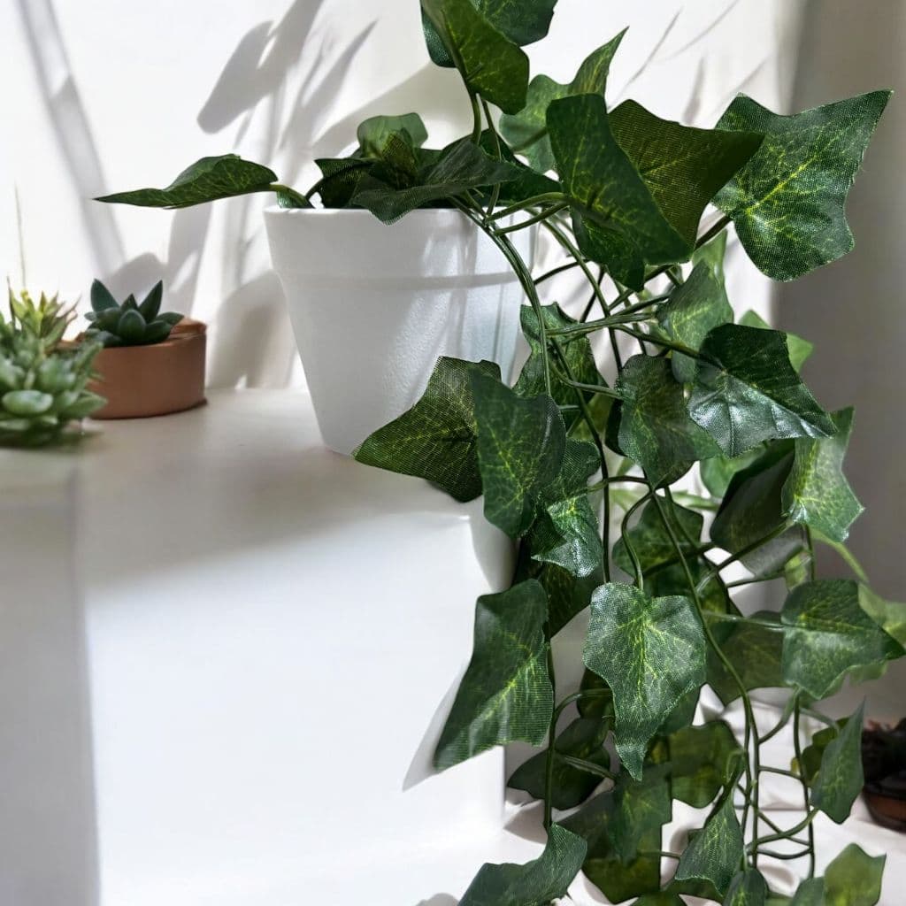 Kit Duplo  Planta Decorativa com Vaso Branco Liso +  Hera Artificial Pendente para Decoração