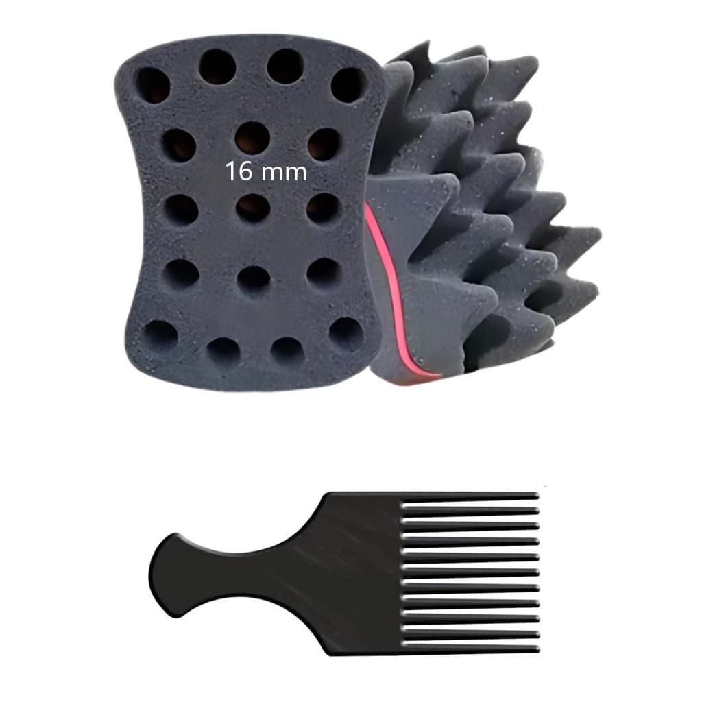 Esponja Nudred Enrolar Cabelo Dupla M 16 mm + Pente Afro Cores Variadas