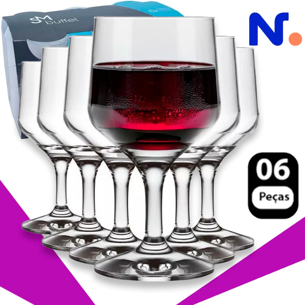 Kit 06 Peças Taças Água Vinho 260ml Vidro Linha Buffet Nadir Vidro Cristalino Conjunto de Casamento