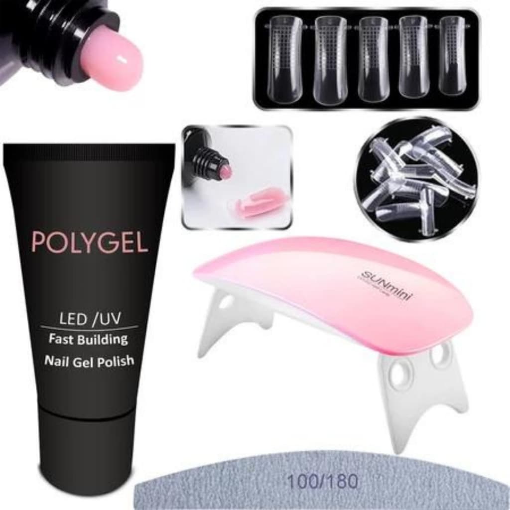 Kit Polygel Alongamento De Unha + Molde F1 + Lixa + Cabine Sun Mini Poligel 15g Alongamento Unhas Poly Gel