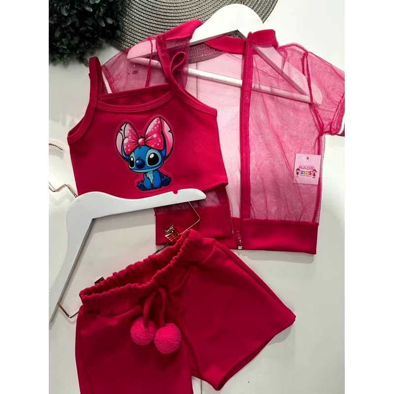Conjunto Infantil Lilo Stitch Verão Blusinha Shorts CONJUNTO INFANTIL 3 PEÇAS STITCH