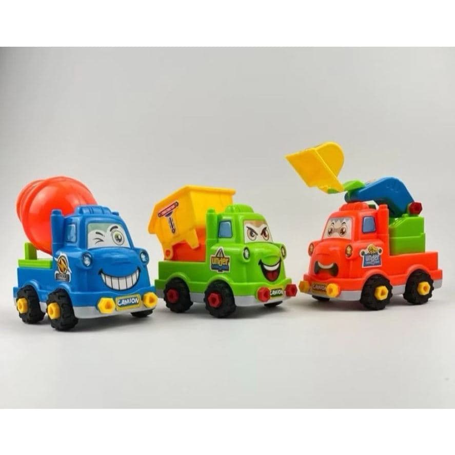kit 3 Caminhão Monta e desmonta, Caçamba, Betoneira, Escavadeira, acompanha as chaves monta e desmontar, Baby Educativo