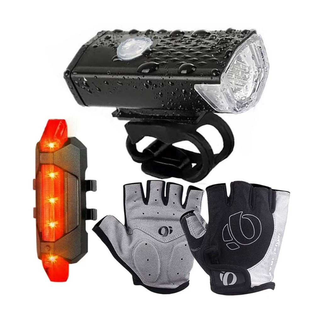 Kit Ciclista Luva Com Gel Meio Dedo Farol Lanterna Sinalizador Pisca Recarregável  Bike Mtb