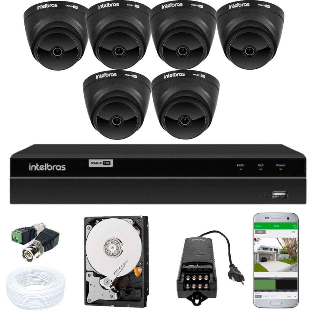 Jogo Monitoramento Cameras Segurança Intelbras Dvr 8 Canais e 6 Cameras Black Internas Full HD