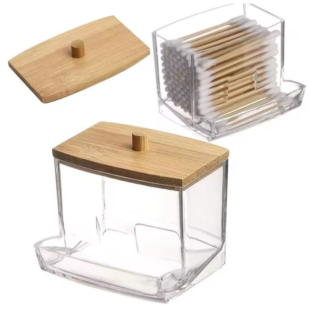 Pote De Cotonete Com Tampa De Bambu 9x7cm Em Acrílico Cor Marrom-claro