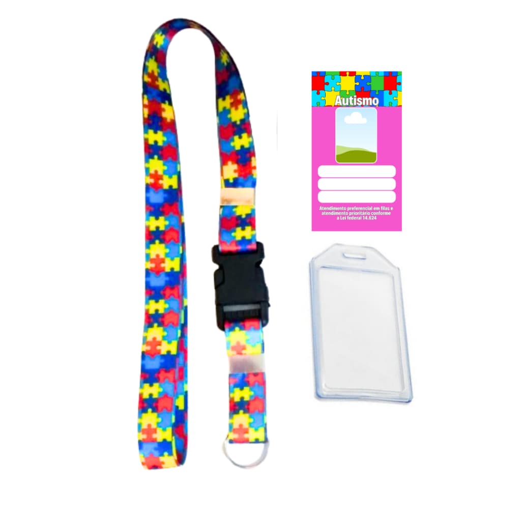 Kit Cordão + Crachá identificação Autista Autismo + porta crachá maleável