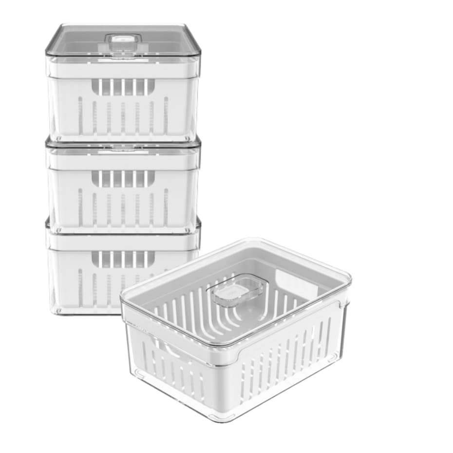 Kit 4 Organizadores de Geladeira 2,2L Com Cesto e Tampa Acrílico Multiuso Frutas Verduras e Legumes