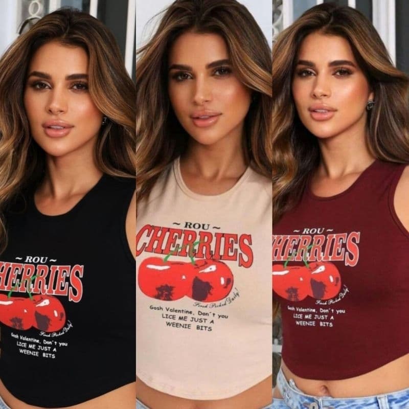 3 Croppeds Regata Cereja Blusa Cropped Cherries moletinho Feminina
